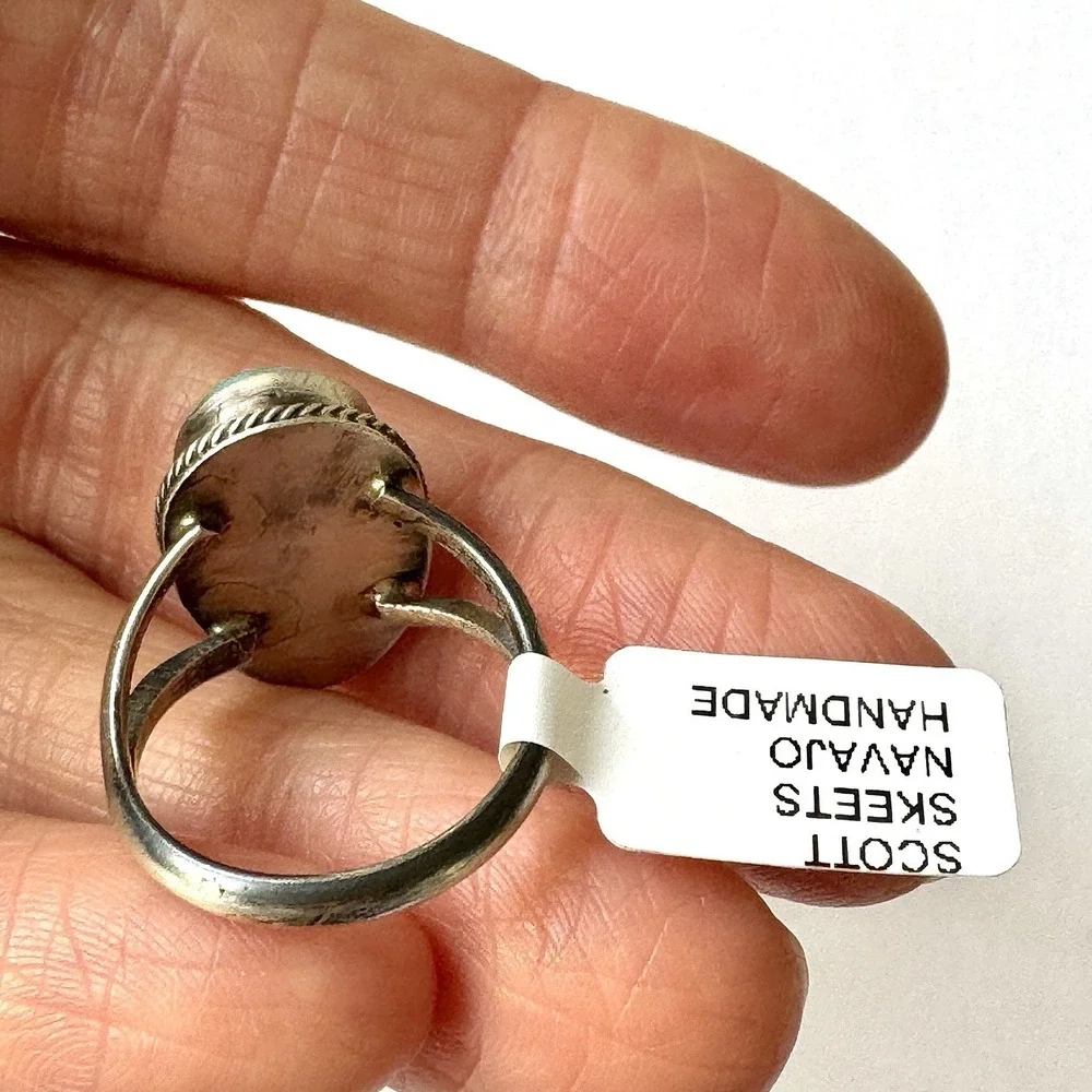 Navajo Turquoise Ring Sz 7.5 Signed Skeets Sterling‎ Native American Handmade